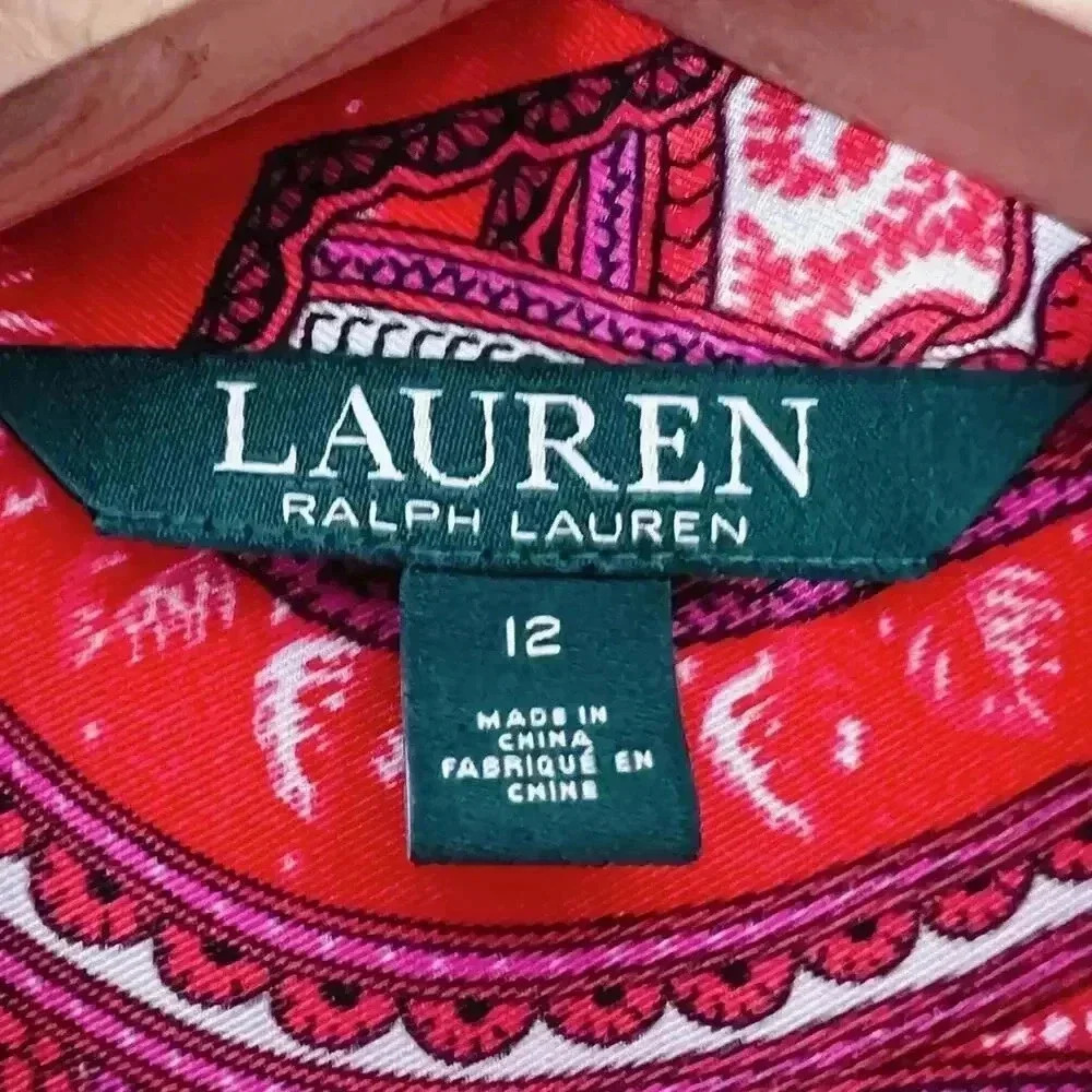 Ralph Lauren Red Paisley Satin Scarf Dress Long Sleeves Women's Size 12 - Picture 7 of 8